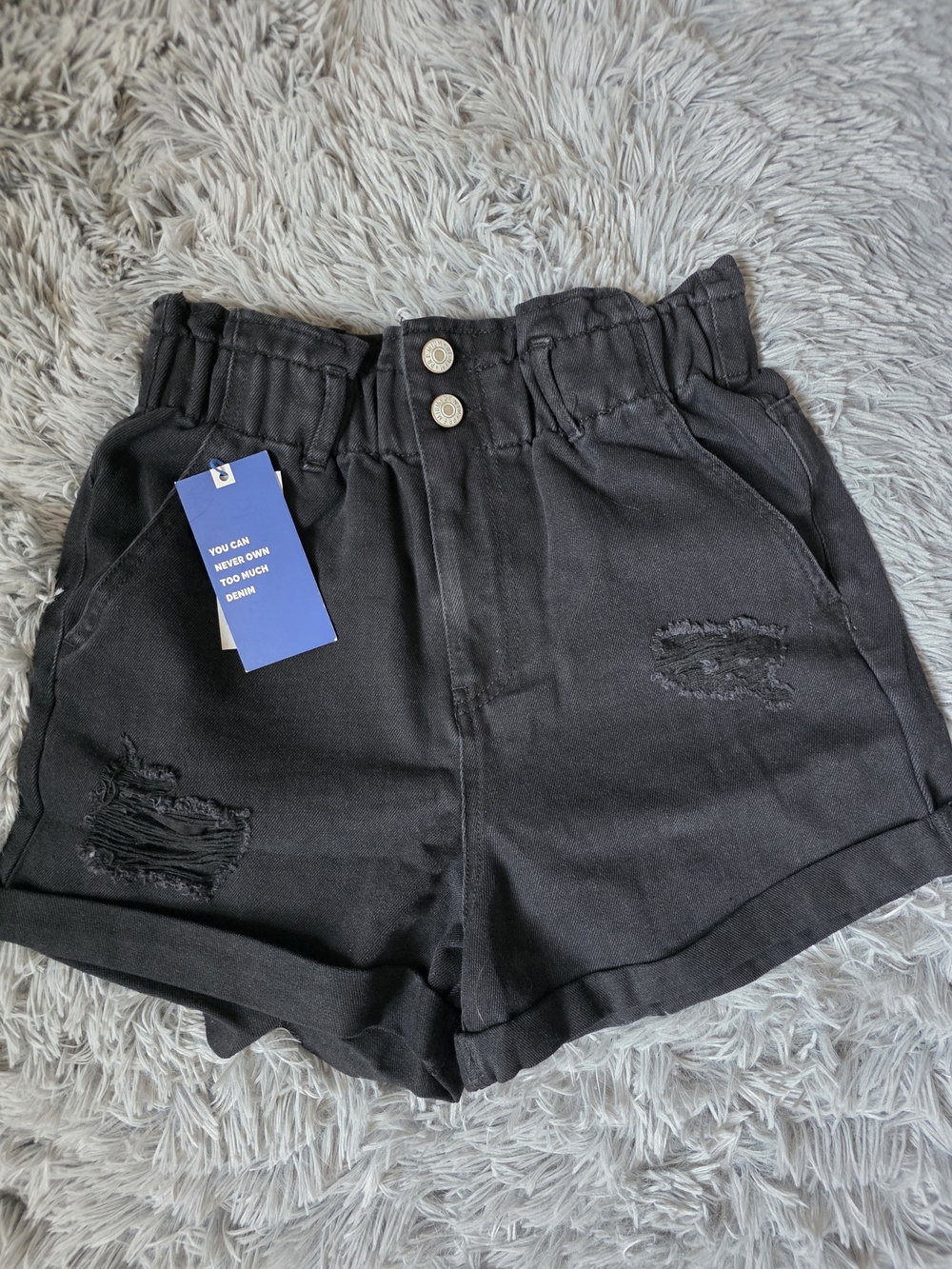 Love Tree Black High-Waist Paperbag Distressed Denim Shorts